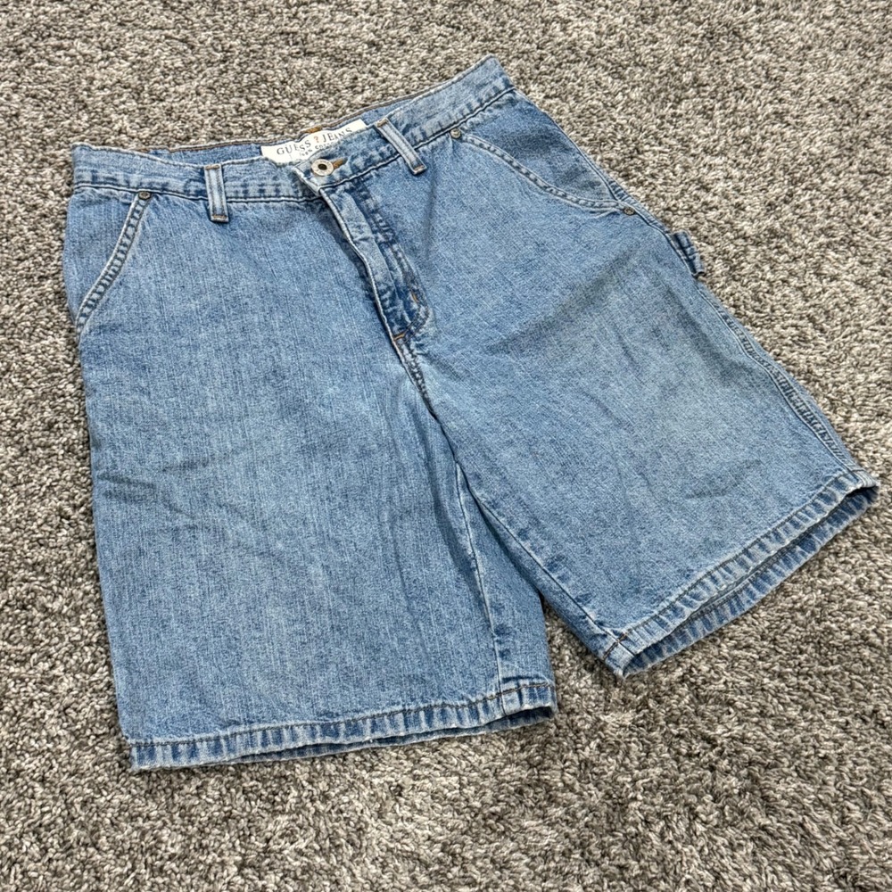 Vintage Guess Jeans Workwear Denim Carpenter Shorts Light Wash USA Made Size 27
